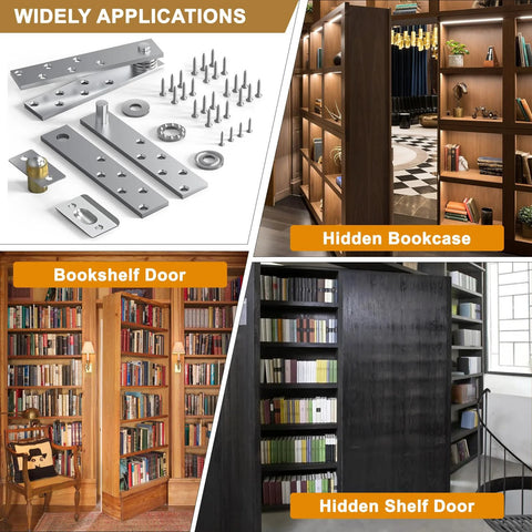 2-Pack Heavy Duty Hidden Door Pivot Hinges for Bookcase and Cabinet Doors, showing metal components and hidden shelves setup.
