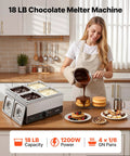 Heavy Duty Commercial Chocolate Melting Machine, Four Tank Water Bath Heater, Smooth Operator Build With Precision Temp Control Keeps Your Batch Clean And Legit For Bakeries, 18 LB capacity with multiple tanks in kitchen setting.