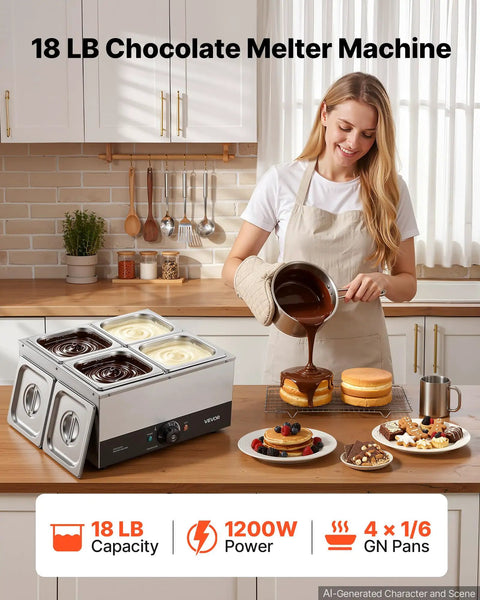 Heavy Duty Commercial Chocolate Melting Machine, Four Tank Water Bath Heater, Smooth Operator Build With Precision Temp Control Keeps Your Batch Clean And Legit For Bakeries, 18 LB capacity with multiple tanks in kitchen setting.
