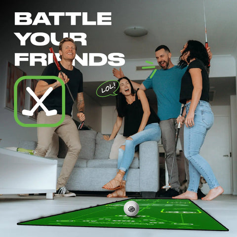 Group playing with Ten Foot Green Golf Putting Mat With Realistic Surface For Indoor And Outdoor Training Boost Distance Control And Accuracy At Home Great Gift For Christmas And Golf Enthusiasts