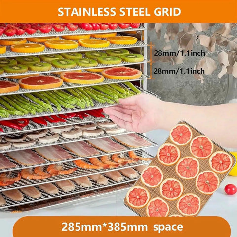 Top Shelf Stainless Steel Electric Food Dehydrator With Twenty Spacious Trays shows colorful sliced fruits on stainless steel trays.