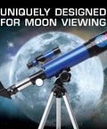 Lunar Telescope For Kids Ages 8 To 12 With Tripod And Finder Scope See The Moon In Incredible Detail Totally Easy To Use Beginner Stargazing Kit With High Quality Optical Glass Perfect Educational Gift For Young Space Fans. Blue telescope on tripod