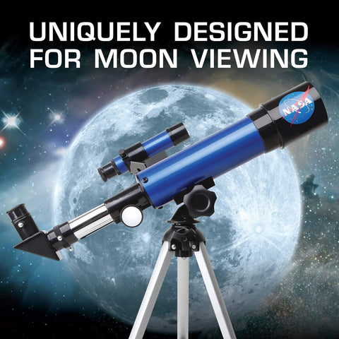 Lunar Telescope For Kids Ages 8 To 12 With Tripod And Finder Scope See The Moon In Incredible Detail Totally Easy To Use Beginner Stargazing Kit With High Quality Optical Glass Perfect Educational Gift For Young Space Fans. Blue telescope on tripod