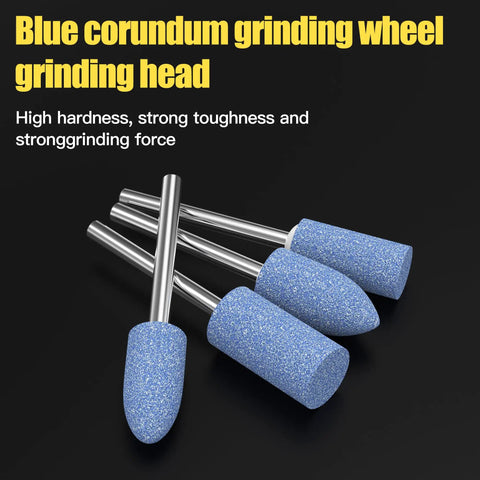 Blue corundum grinding heads for rotary tool with one-eighth inch shank, shown in a set of four from the side view.