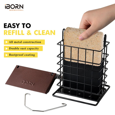Hand placing suet cake in Outdoor Suet Feeder With Squirrel Proof Hook For Birds All Metal Roofed Cage Feeder Weatherproof