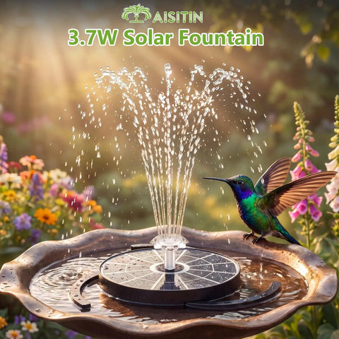 3.7W Solar Bird Bath Fountain Pump With 7.1 Inch Spray Height in garden with hummingbird