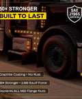 Truck wheel highlighted with "Built to Last," showing Skirt Nut Pack Of Ten For Replacing All M22 Flange Nuts On Hub Piloted Wheels.