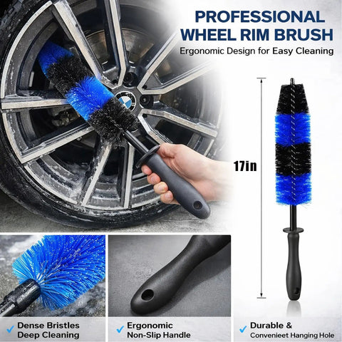Person using All In One 26 Piece Car Detailing Kit with Drill Brushes Pro Grade Detailing Brush Set Wire Bristles on car rim