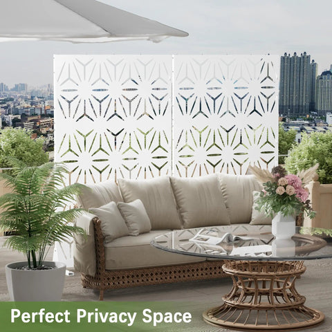 White Metal Privacy Screen With Stand Freestanding Outdoor Fence Panel 72 Inch High By 44 Inch Wide Floral Design
