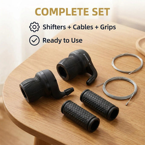 21 Speed Twist Shifter Set With Left And Right Revoshift Grips For Mountain And Hybrid Bikes 3x7 Gear System on wooden table