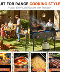 Outdoor cooking scene with people using a Three Burner Propane Stove with 225000 BTU High Pressure Output for Camping and Backyard.