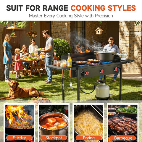Outdoor cooking scene with people using a Three Burner Propane Stove with 225000 BTU High Pressure Output for Camping and Backyard.