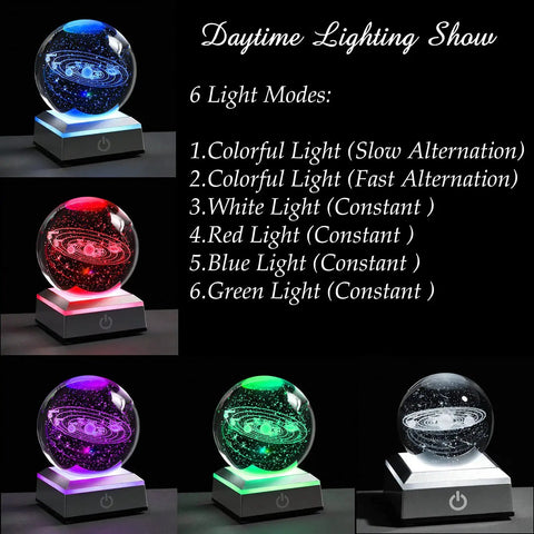Stellar 80mm Solar System Crystal Ball Glass Sphere with 3D Laser Engraved Planets, K9 Crystal, color LED light modes.