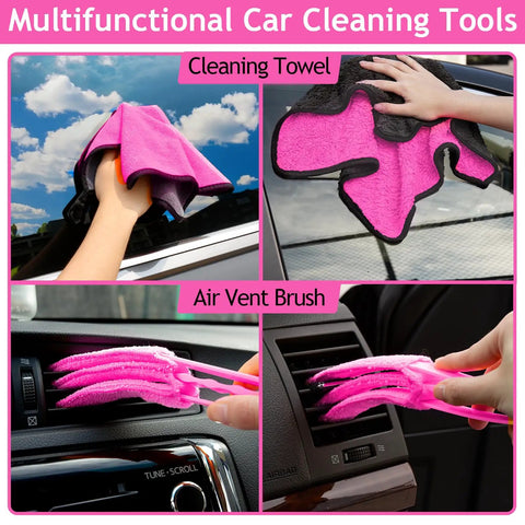 Pink Car Interior Detailing Kit With 17 Piece Pro Grade Brush Set for cleaning windows and air vents