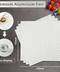 Stack of 12x12 insulated foil wrap sheets with honeycomb design, ideal for sandwiches and burgers. "Premium Aluminum Foil" text displayed.