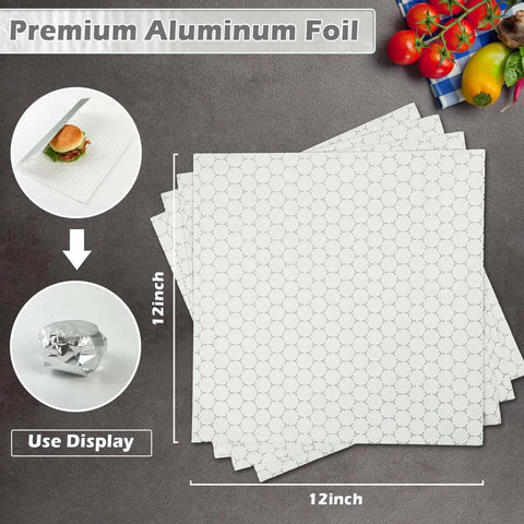 Stack of 12x12 insulated foil wrap sheets with honeycomb design, ideal for sandwiches and burgers. "Premium Aluminum Foil" text displayed.