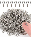 500 Pieces 4 By 8 Millimeter Small Screw Eye Pins for Jewelry Making, DIY Projects, shown in a pile with single piece on fingertip