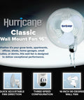 Two Pack 16 Inch Oscillating Wall Mounted Fans With 90 Degree Wide Oscillation Quiet Operation And Three Speed Settings Indoor Air Cooling For Home Garage Office Shed And Grow Tents With Pull Cord Controls, showing fan features.