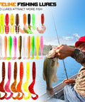 Man holding fish with 108 Piece Tackle Box Fishing Lures Set With Paddle Tail Swimbaits Soft Worms Floating Shrimp Lures And Round Jig Heads