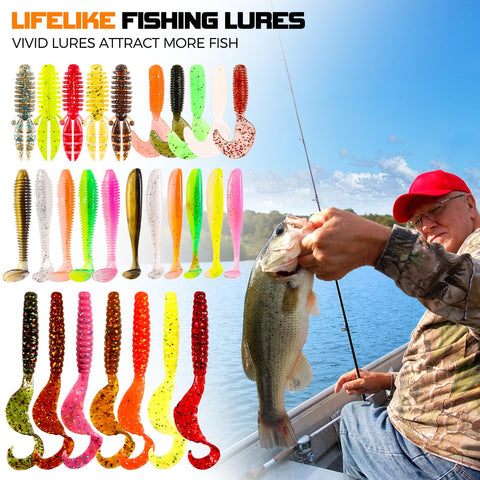 Man holding fish with 108 Piece Tackle Box Fishing Lures Set With Paddle Tail Swimbaits Soft Worms Floating Shrimp Lures And Round Jig Heads