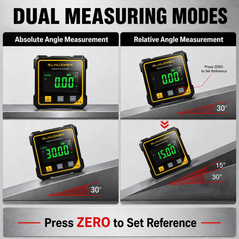 Tough Magnetic Digital Angle Finder And Laser Inclinometer Gauge displaying dual measuring modes for angles and levels.