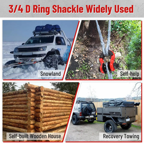 Heavy Duty 3/4 Inch D Ring Shackle With Upgraded Snatch Blocks For Off Road Recovery And Tow Winching, 28.5 Ton Break Strength, 2 Pack Red Fits 7/8 Screw Pin, Works With 7/32-3/8 Inch Steel Cable, used for snow, tree, log, and towing recovery