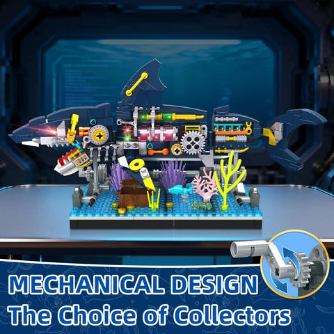 Semi Mechanical Shark Building Block Set With 499 Pieces For Ocean Landscape Creation on blue base, interactive tail, rotating mechanism