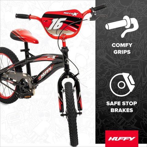 Moto X 16 Inch Boys Bike For Ages 4 To 6 Red And Black Frame Removable Training Wheels Chain Guard For Safety Adjustable Seat