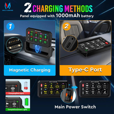 Eight Gang Wireless Switch Panel For Off Road Vehicles With 328 Ft Remote Range Sync Up To Four Panels in car with charging options