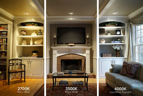 2700K warm white, 3500K bright white, 4000K cool white lighting comparison in living room with 20 Inch Square Flush Mount LED Ceiling Light Dimmable, 120 Volt, 44 Watt, 4000 Lumens, Damp Listed, White Finish, Energy Star Certified, Long Lasting, Low Maintenance Lighting for Hallways, Kitchens, and Living Areas