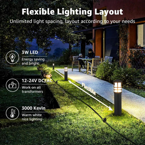 All In One LED Landscape Lighting Kit With Eight Low Voltage Path Lights, 60W Transformer, 100 Ft 16/2 Wire, 3000K Waterproof Aluminum Walkway Lights.