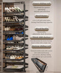 Slick Pull Out Shoe Rack With Heavy Duty Smooth Slide Rails And Adjustable Height Vertical Design, displaying shoes on thick ABS shelves.