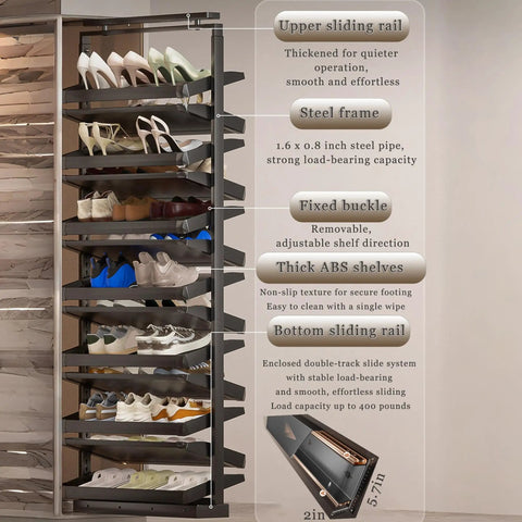 Slick Pull Out Shoe Rack With Heavy Duty Smooth Slide Rails And Adjustable Height Vertical Design, displaying shoes on thick ABS shelves.