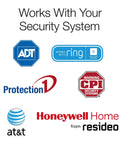 Logos of security systems compatible with keyless smart door lever lock for front entry.