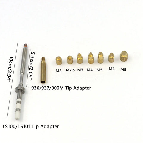 Heat Set Insert Tool Kit With Brass Knurled Nut Adapters For Pine64 TS100 TS101 936 Soldering Iron laid out on white background, showing sizes M2-M8 and adapter tips.