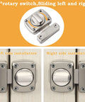 Gate Latch And Sliding Bolt Lock For Cabinets Sheds And Storage Boxes, shown in brushed zinc alloy, with left and right side installation options.