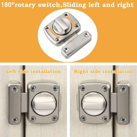 Gate Latch And Sliding Bolt Lock For Cabinets Sheds And Storage Boxes, shown in brushed zinc alloy, with left and right side installation options.