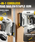 Pro Grade 20V Cordless 18Gauge Brad Nailer And Electric Staple Gun Kit showing cordless brad nailer and staple gun with battery pack.