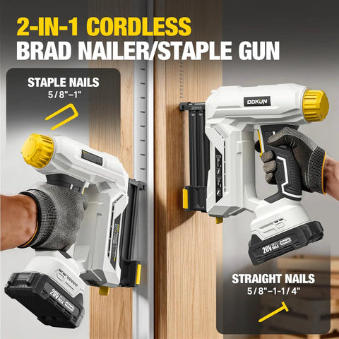 Pro Grade 20V Cordless 18Gauge Brad Nailer And Electric Staple Gun Kit showing cordless brad nailer and staple gun with battery pack.