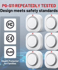 Battery Operated Photoelectric Smoke Alarm With Test Button And Low Battery Warning, Dual Sensor Fire Detector For Home Safety, No Hassle Install And Fewer False Alarms From Kitchen Steam, Six Pack shown with safety certifications.