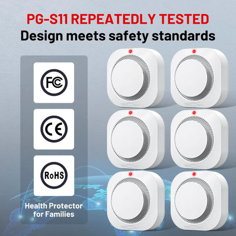 Battery Operated Photoelectric Smoke Alarm With Test Button And Low Battery Warning, Dual Sensor Fire Detector For Home Safety, No Hassle Install And Fewer False Alarms From Kitchen Steam, Six Pack shown with safety certifications.