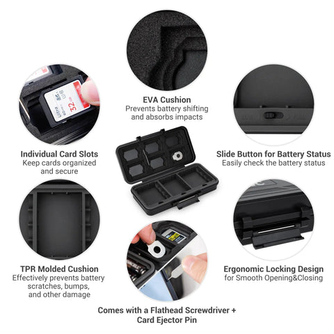All In One Camera Battery And Memory Card Storage Case For Pro Gear with six card and three battery slots, ejector tool included