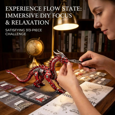 Person assembling Metal Dragon 3D Model Kit for Adults Boss Level Build, Mechanical Puzzle Craft, red finish on desk