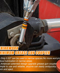 Close-up of Thinkwork grease gun coupler on a grease gun with a 90-degree adaptor; chrome metal with orange label visible.