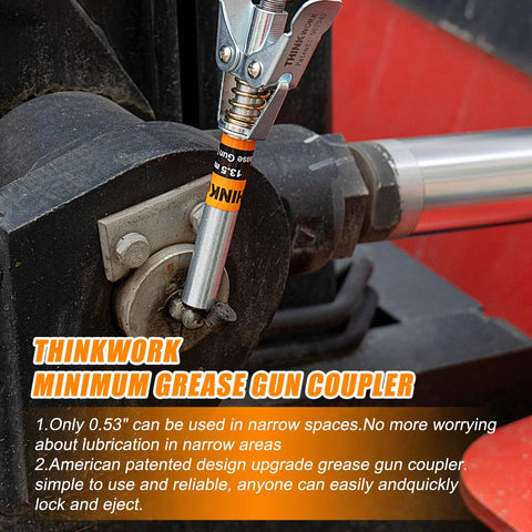 Close-up of Thinkwork grease gun coupler on a grease gun with a 90-degree adaptor; chrome metal with orange label visible.