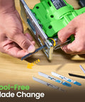 Straight Up Compact Cordless Jigsaw Kit With Dual 2.0Ah Batteries Rapid Fire Charging And Nine Snap Swap Blades for tool-free blade change.