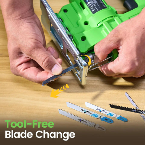 Straight Up Compact Cordless Jigsaw Kit With Dual 2.0Ah Batteries Rapid Fire Charging And Nine Snap Swap Blades for tool-free blade change.