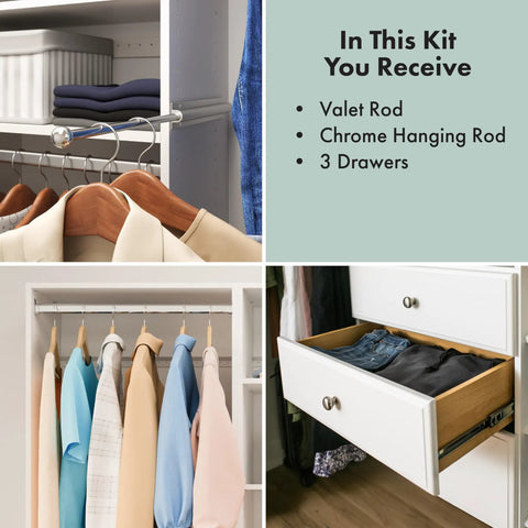 Wide Closet Organizer Kit With Pull Out Valet Rod Wall Mounted All In One Three Full Extension Drawers Two Foot Hanging Space Four Foot Shelf Space White Finish With Chrome Hardware 72 Inch Tall with clothes and drawer open