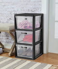 Three Drawer Storage Tower With Removable Clear Plastic Bins No Tools Needed Easy Setup Space Saver For Home Office Craft Room And Garage Transparent Drawers For Quick Item Lookup And Organized Chaos Control with visible contents.