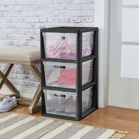 Three Drawer Storage Tower With Removable Clear Plastic Bins No Tools Needed Easy Setup Space Saver For Home Office Craft Room And Garage Transparent Drawers For Quick Item Lookup And Organized Chaos Control with visible contents.